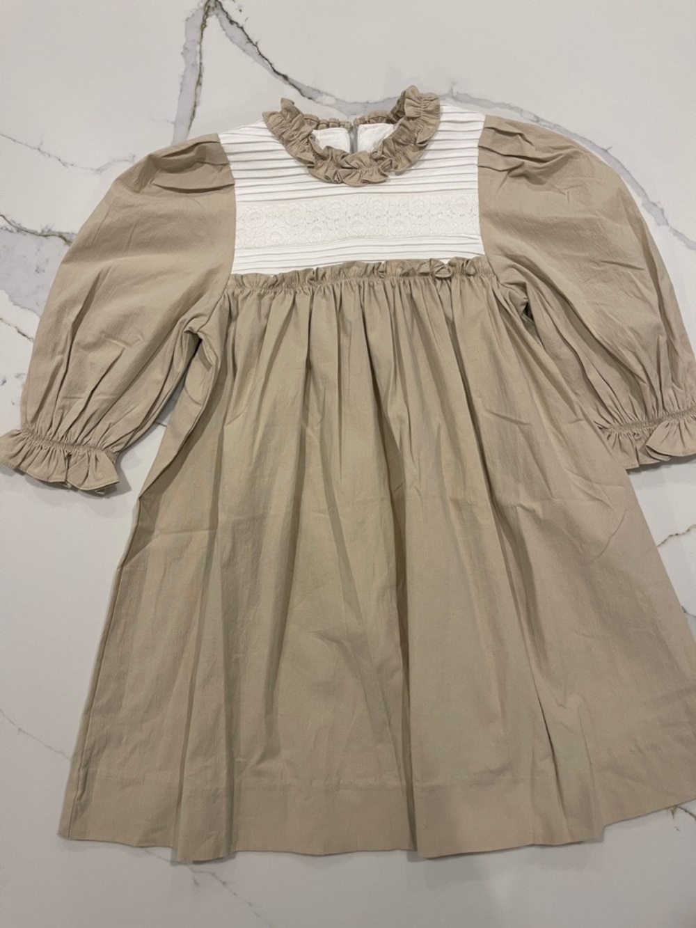 Girls' Ruffle Yoke Dress in Beige and White